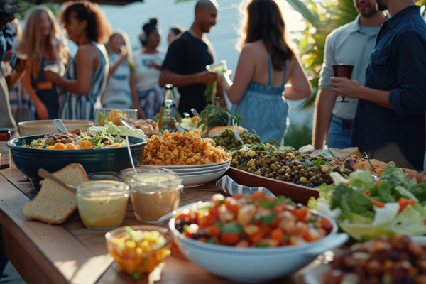 Detailed shot of people gathered for a community potluck 